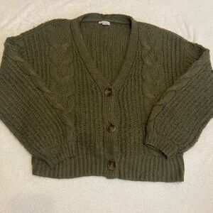 Cents of Style Olive Green Cable Knit Fuzzy Cardigan Sweater Grandpacore